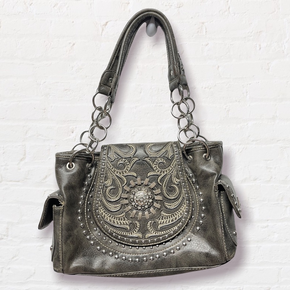 MONTANA WEST Gray LEATHER STUDDED RHINESTONE WESTERN COWGIRL HANDBAG PURSE